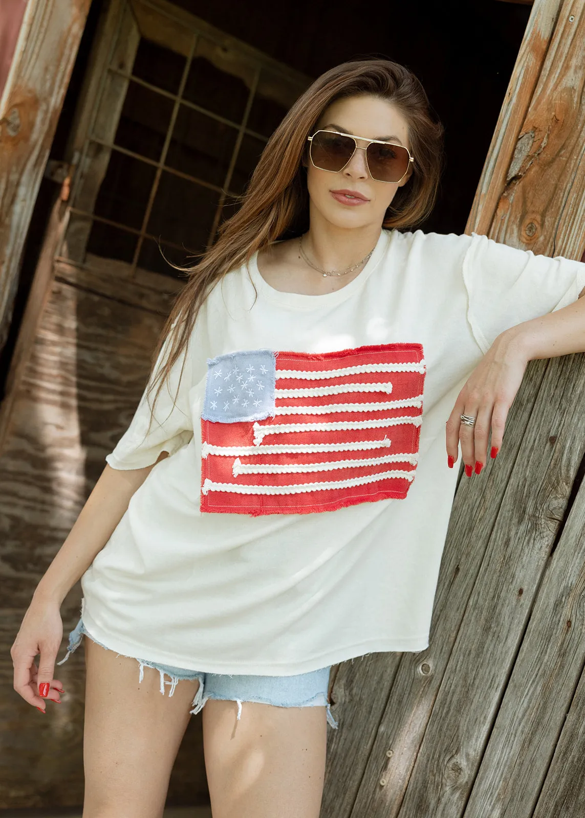 Americana Flag Stitched Short Sleeve Top