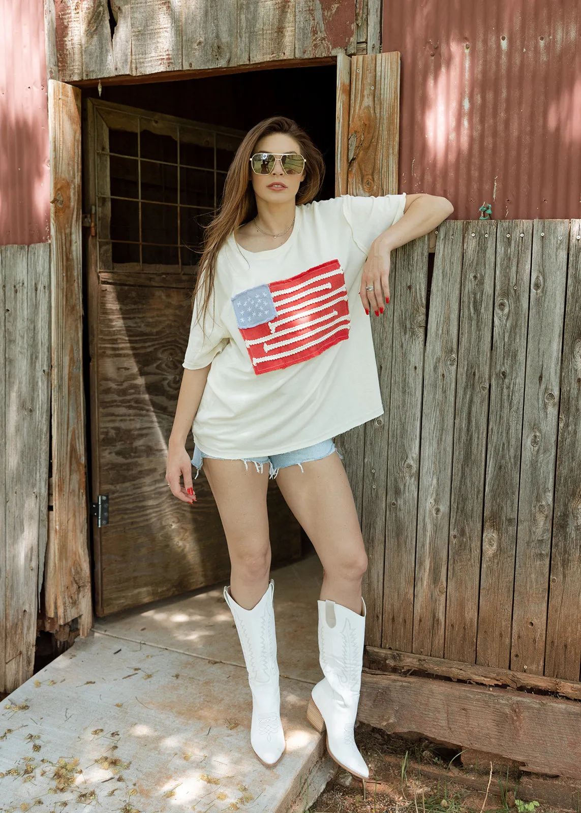 Americana Flag Stitched Short Sleeve Top