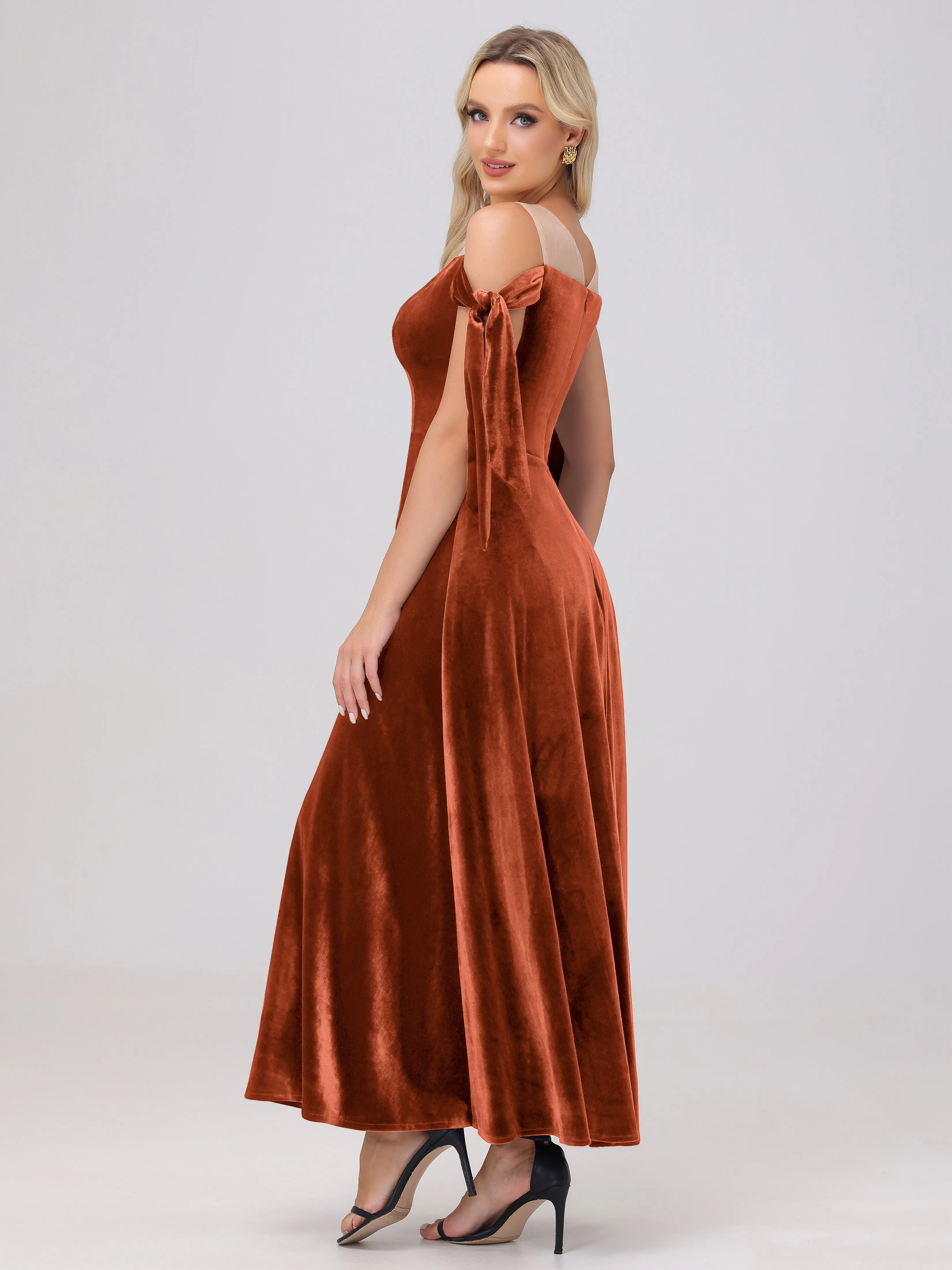 Bateau Off The Shoulder Long Velvet Bridesmaid Dresses