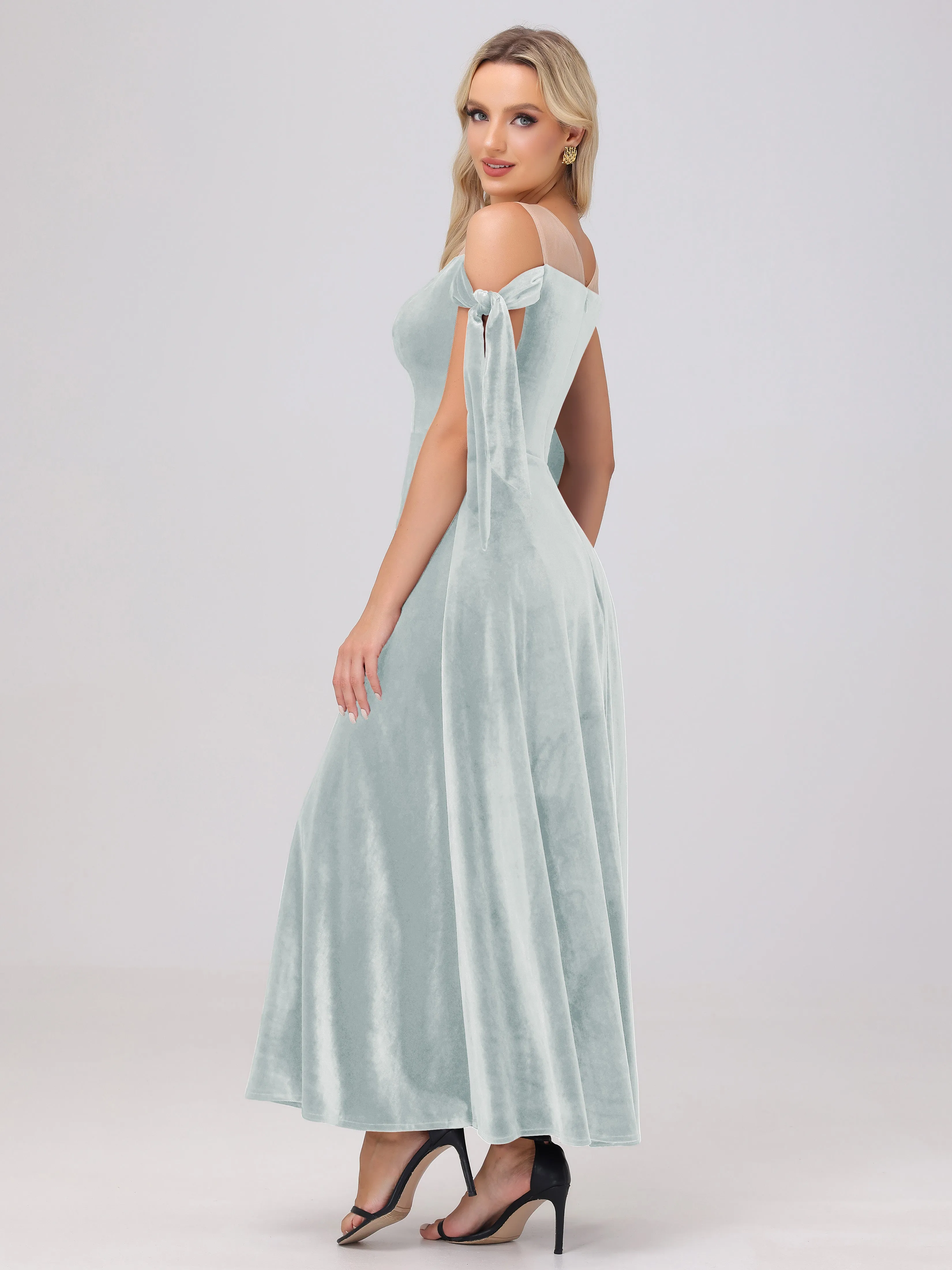 Bateau Off The Shoulder Long Velvet Bridesmaid Dresses