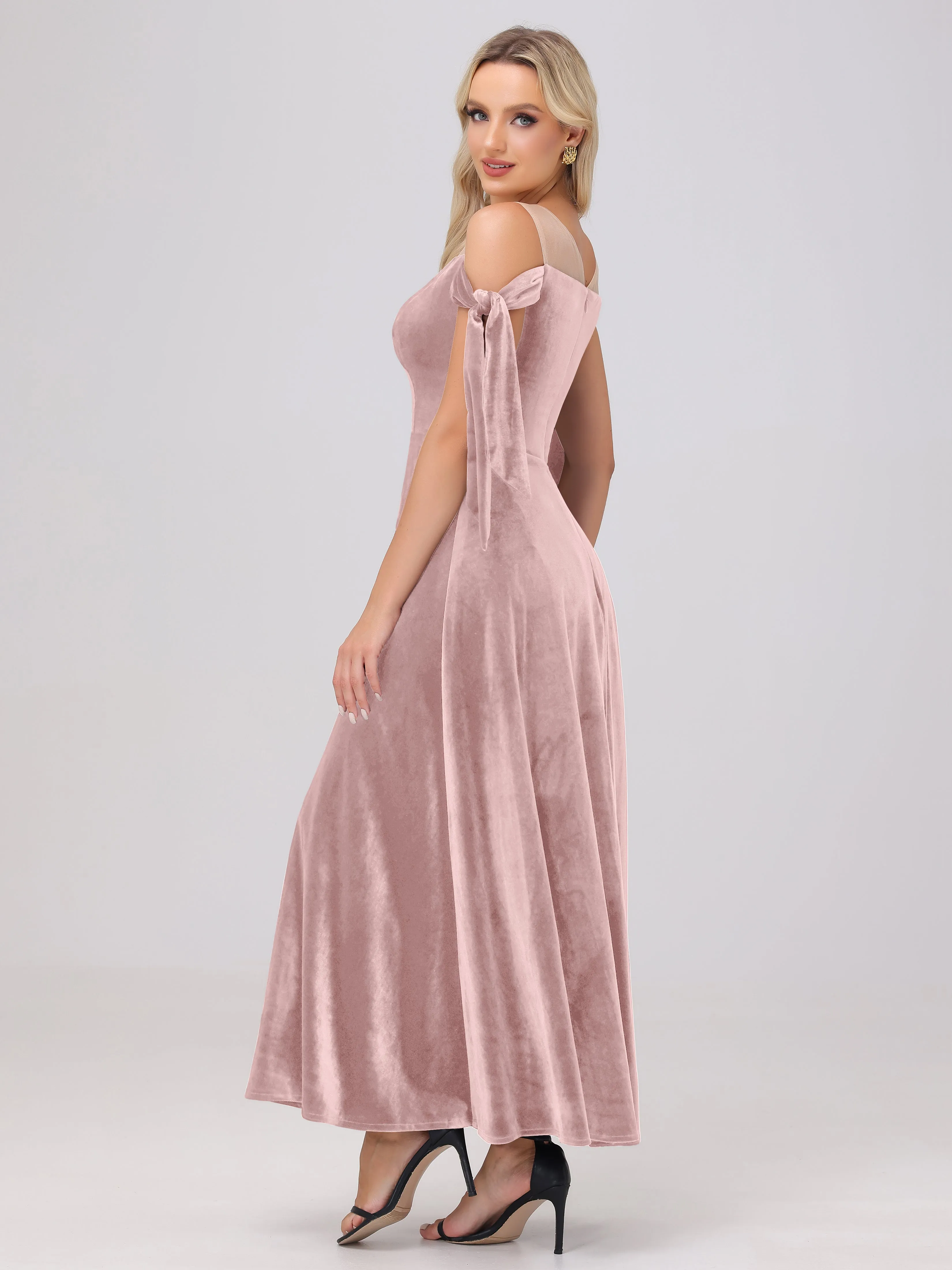 Bateau Off The Shoulder Long Velvet Bridesmaid Dresses