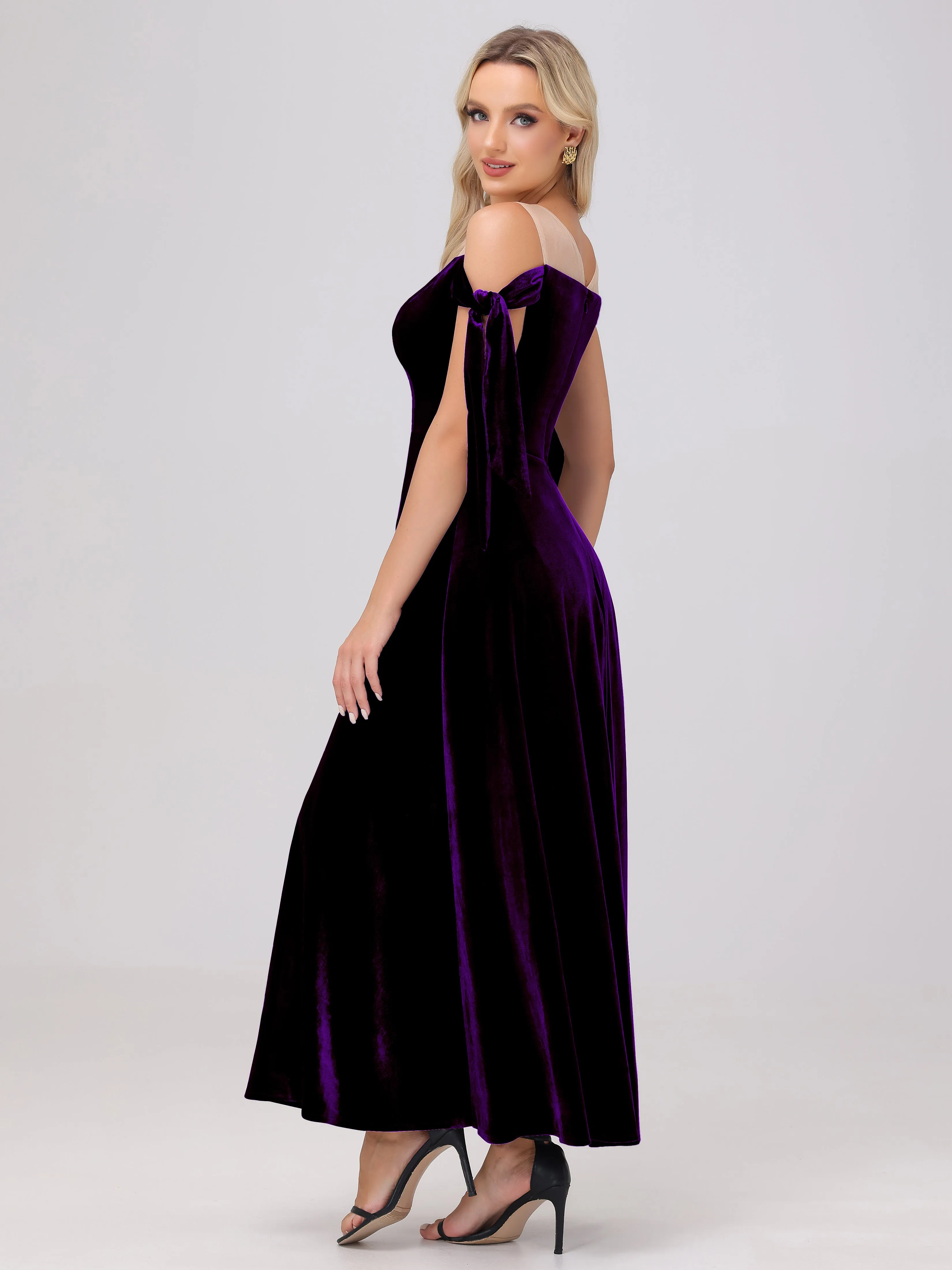 Bateau Off The Shoulder Long Velvet Bridesmaid Dresses