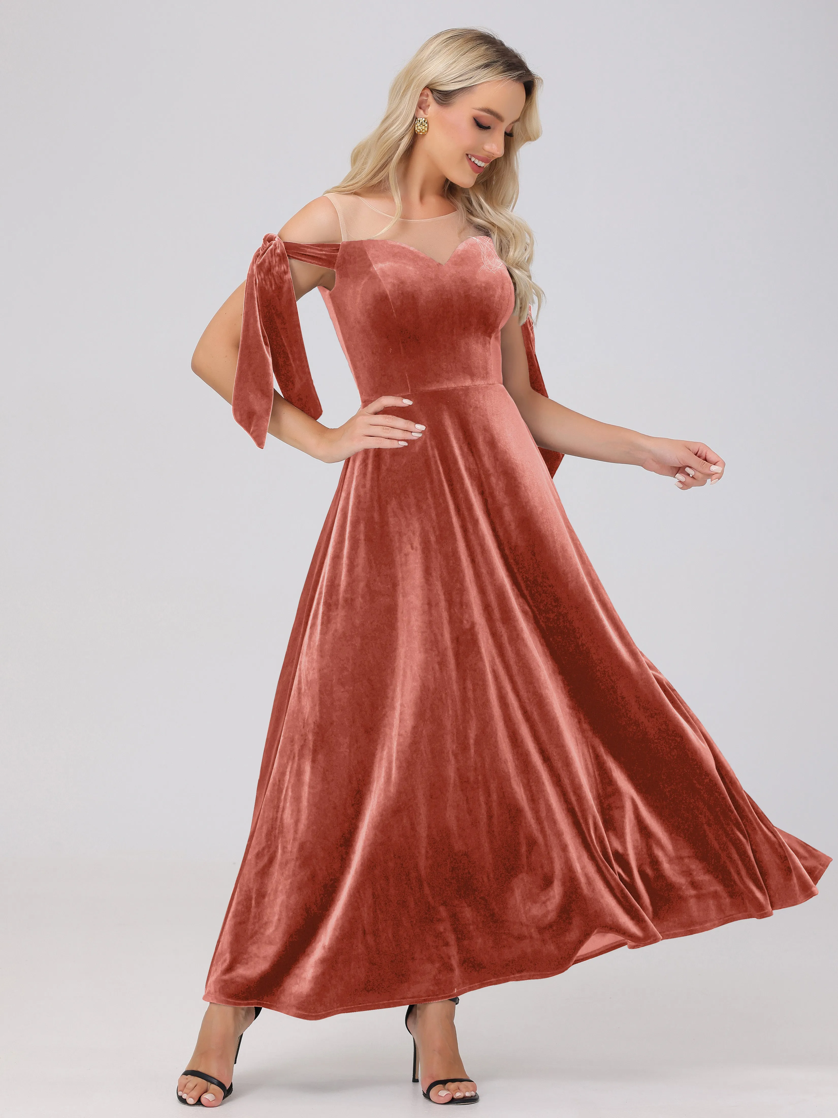 Bateau Off The Shoulder Long Velvet Bridesmaid Dresses