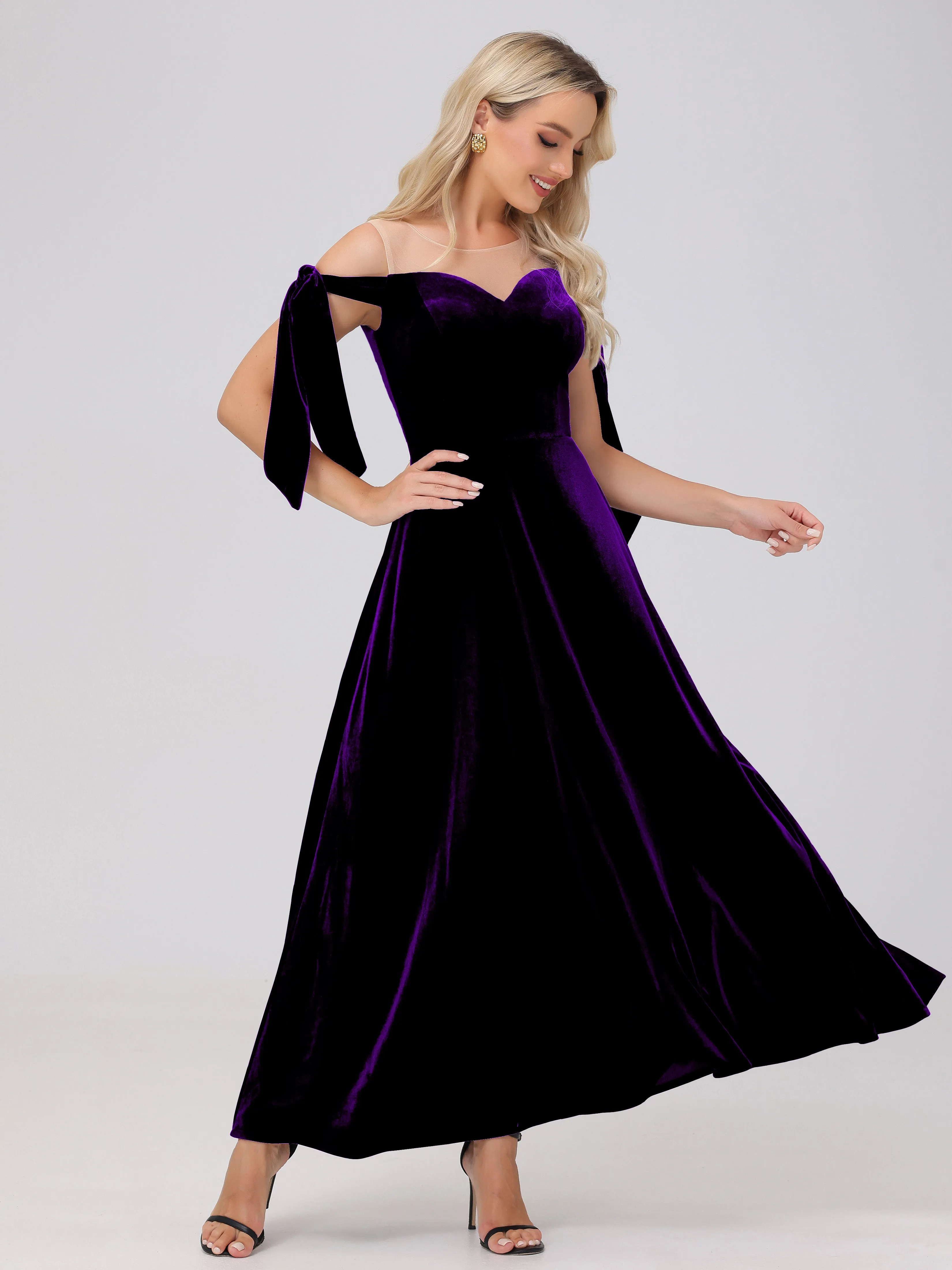 Bateau Off The Shoulder Long Velvet Bridesmaid Dresses