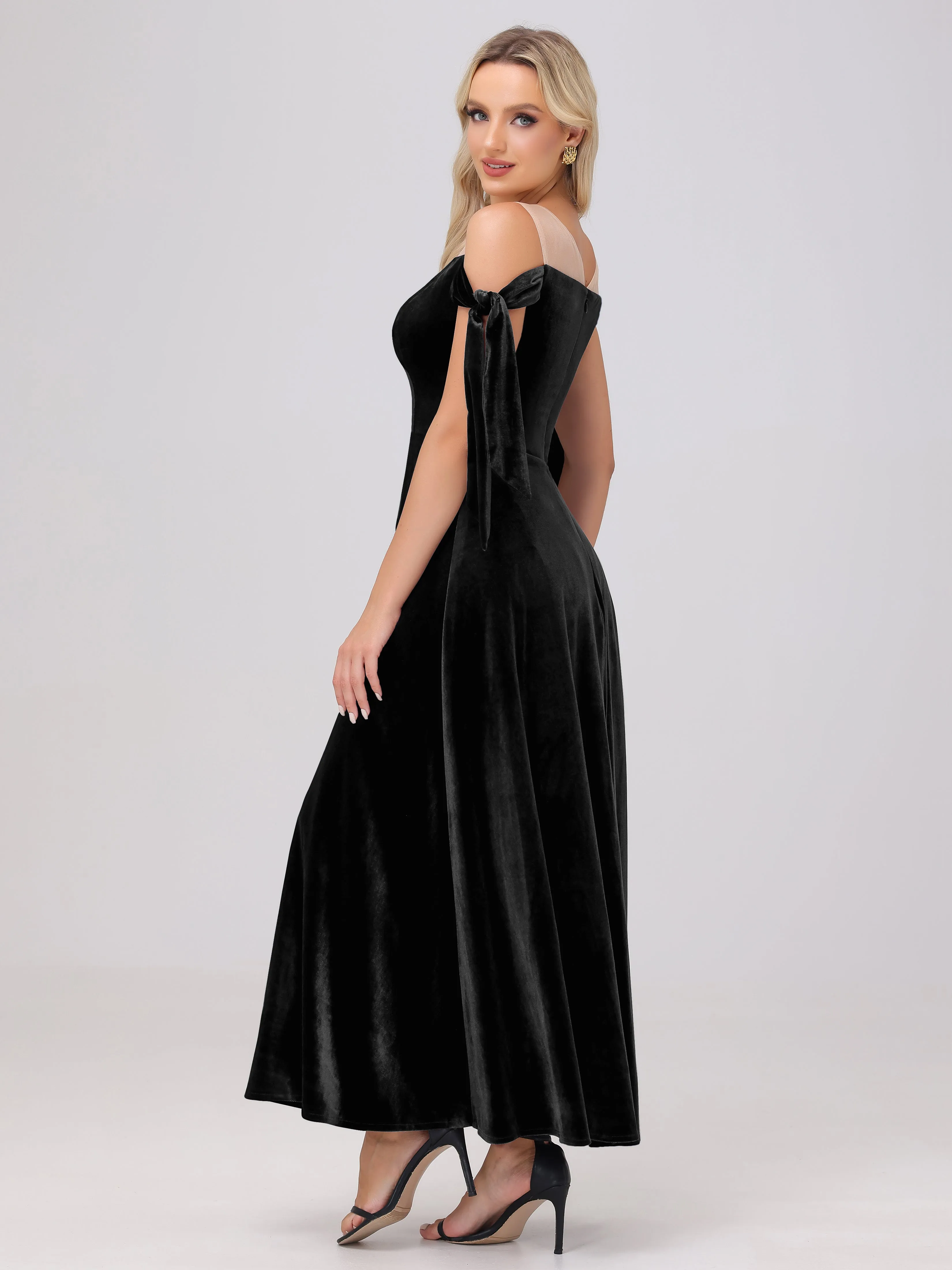 Bateau Off The Shoulder Long Velvet Bridesmaid Dresses