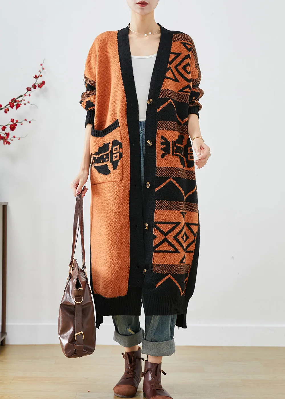 Beautiful Orange Oversized Print Knit Cardigans Fall