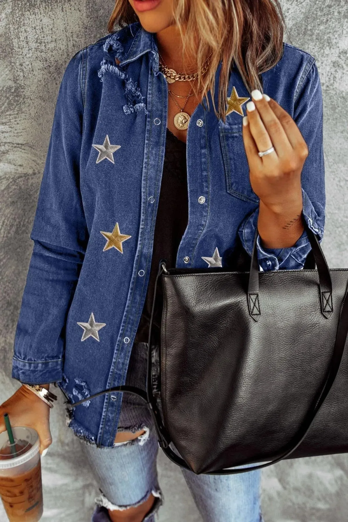 Blue Star Embroidery Distressed Denim Shacket