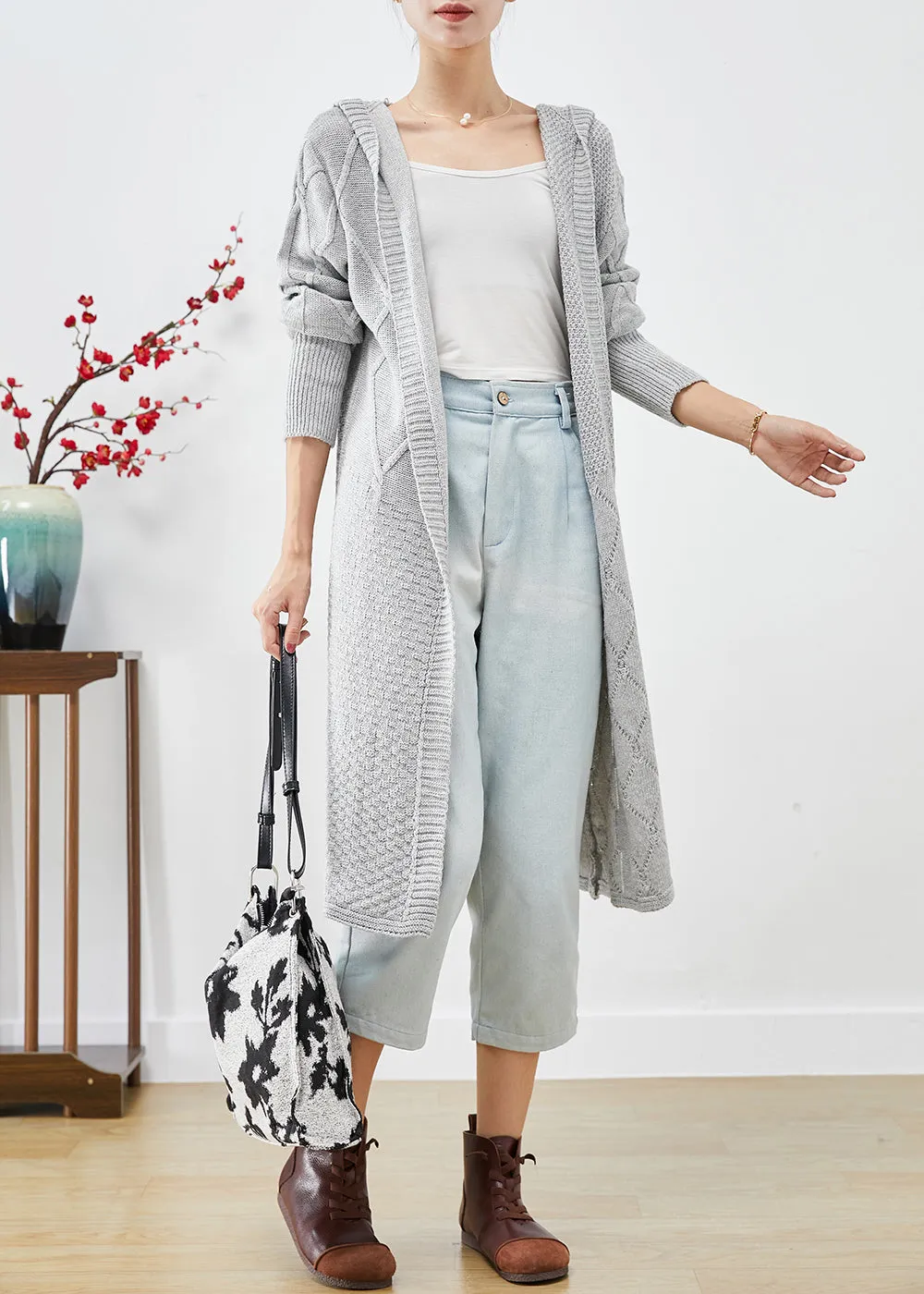 Bohemian Grey Hooded Oversized Knit Long Cardigans Fall