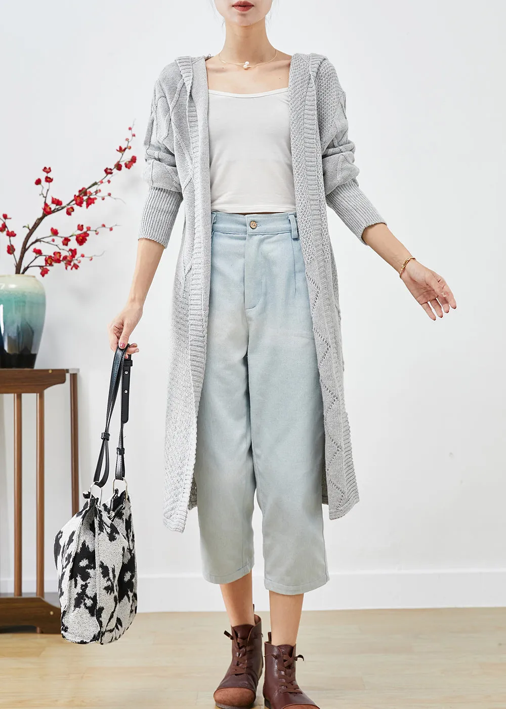 Bohemian Grey Hooded Oversized Knit Long Cardigans Fall