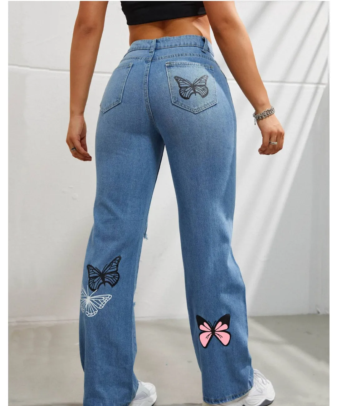 Butterfly Print Ripped Cut-out Denim Straight High Waist Contrast Color Denim Trousers for Women