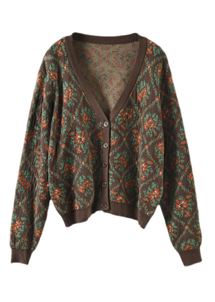 Classy Coffee Oversized Print Knit Cardigan Spring