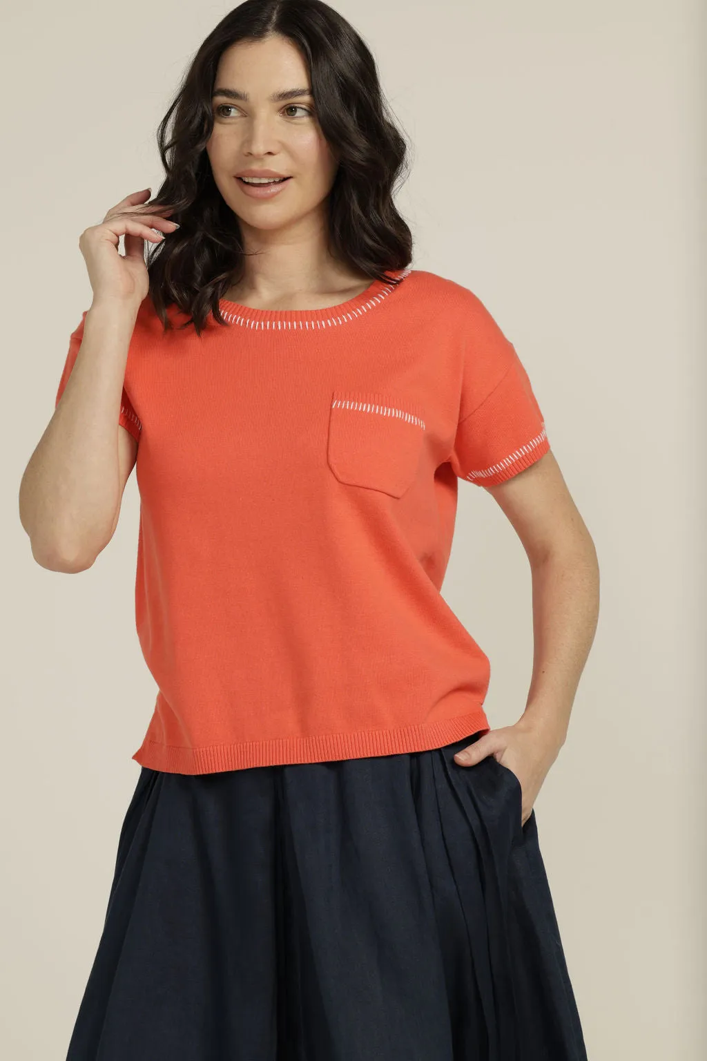 Cotton Knit Stitched Trim Top Chilli