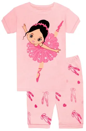 Elowel Girls Shorts Ballerina 2 Piece Pajamas Set 100% Cotton (Size Toddler-10Y)