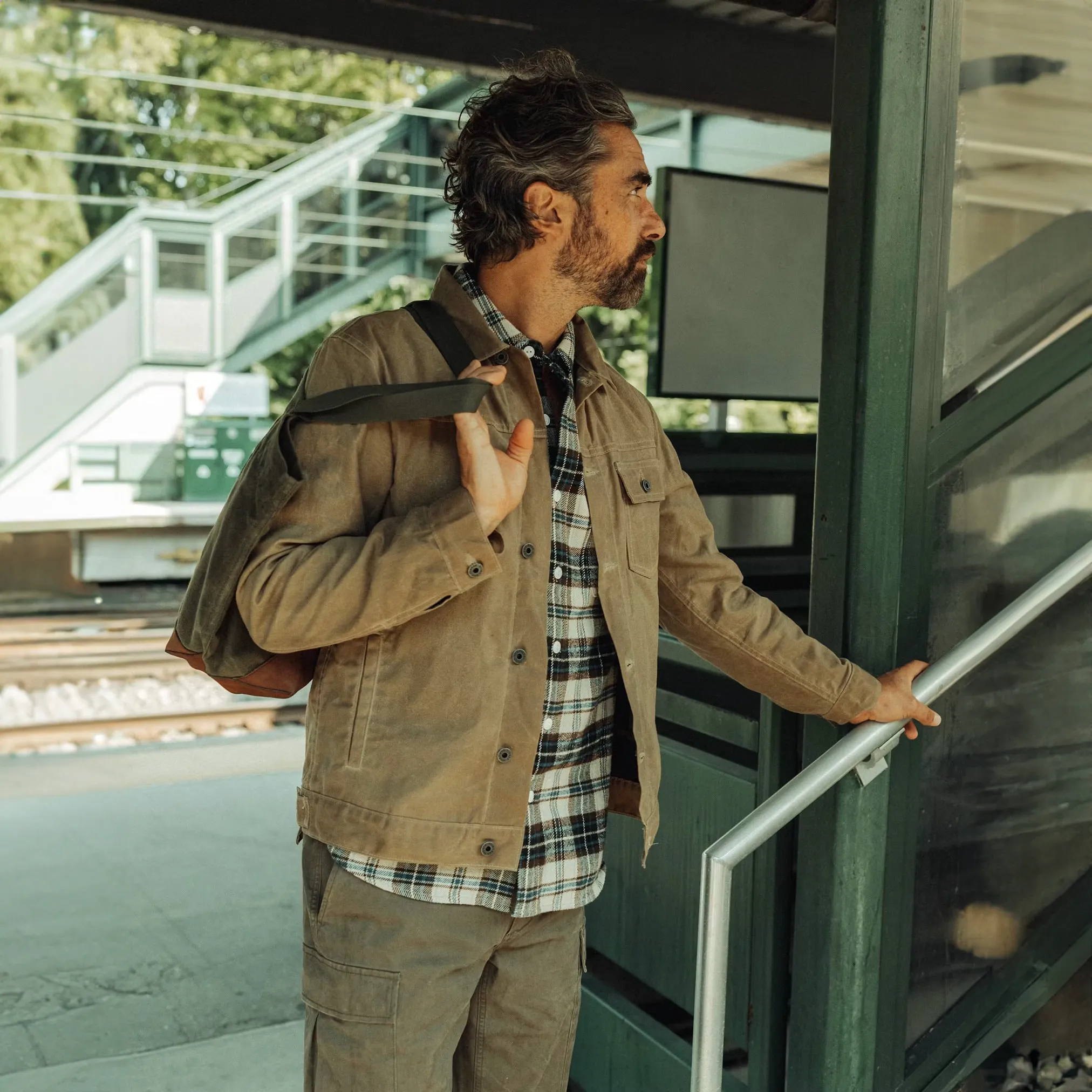 Flannel-Lined Waxed Trucker Jacket in Field Tan