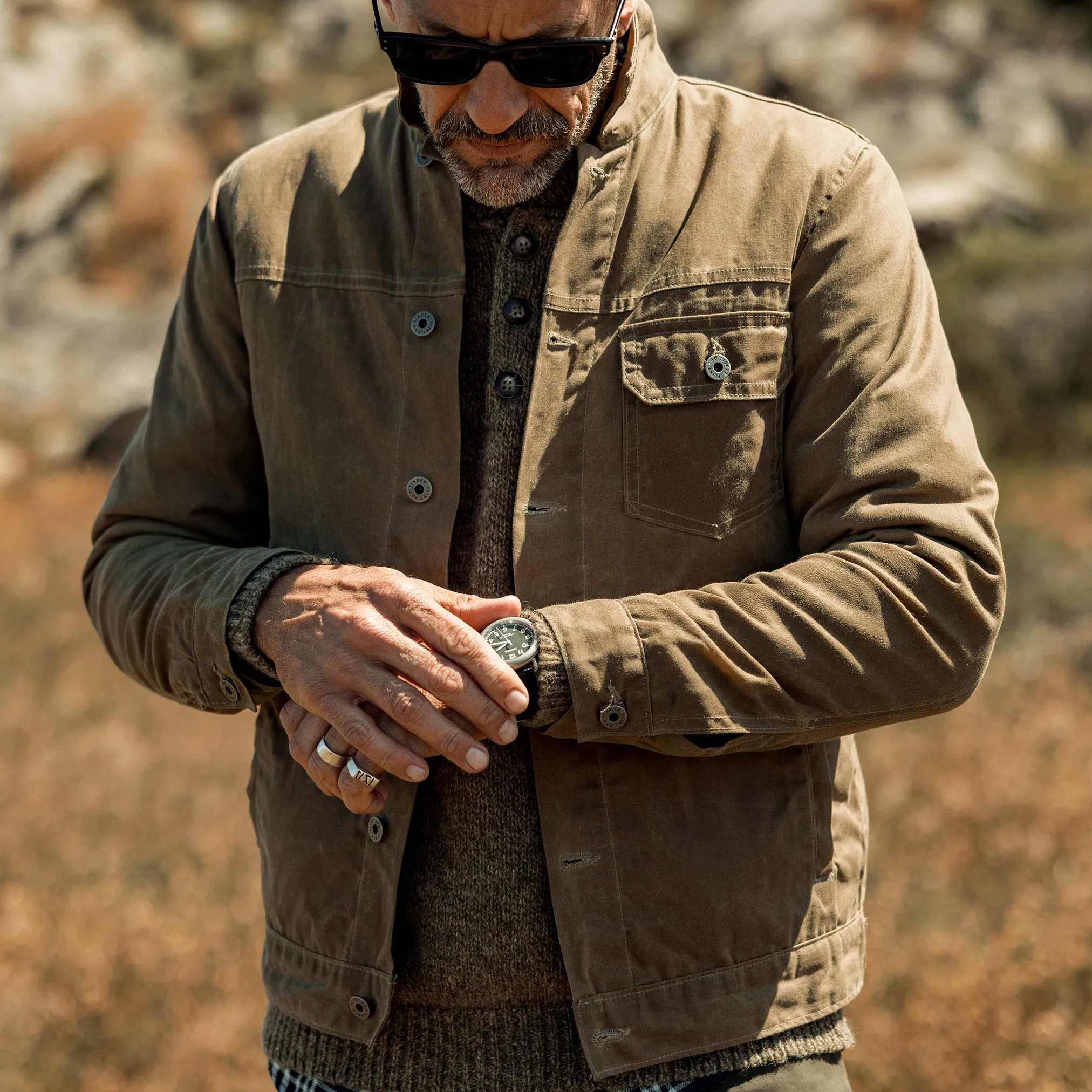 Flannel-Lined Waxed Trucker Jacket in Field Tan