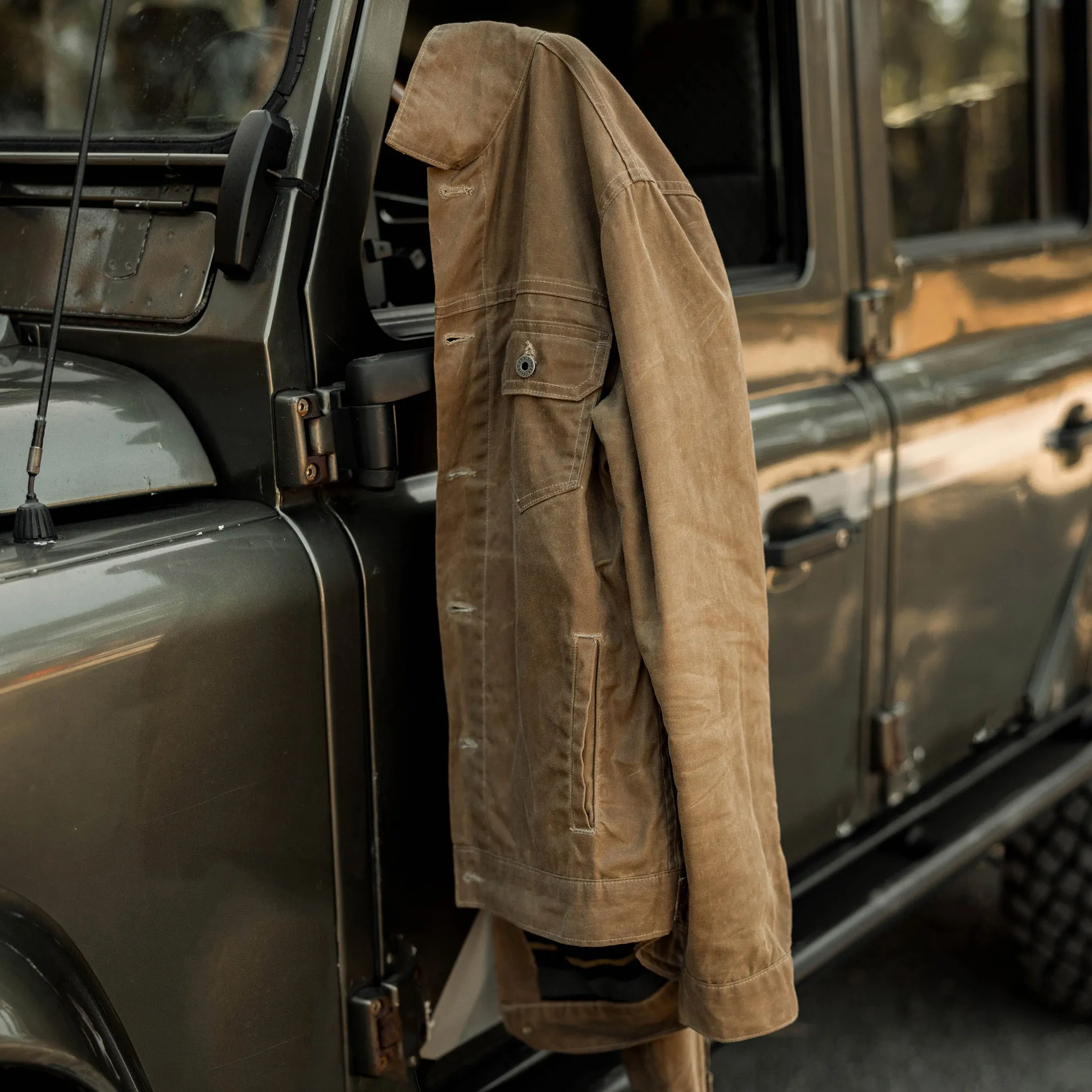 Flannel-Lined Waxed Trucker Jacket in Field Tan