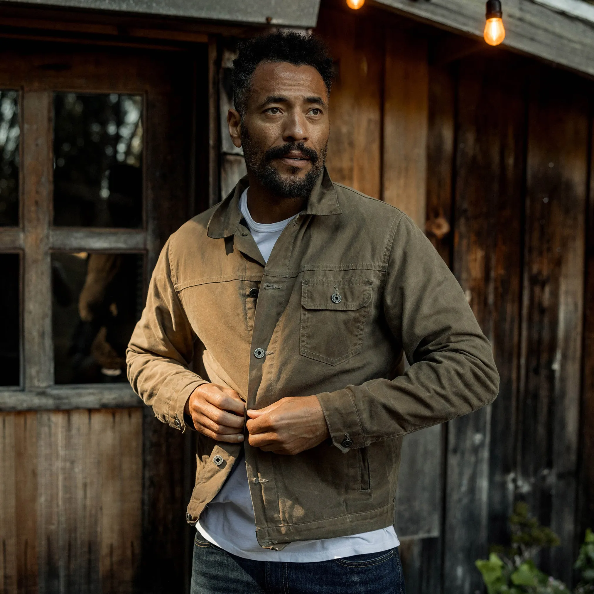 Flannel-Lined Waxed Trucker Jacket in Field Tan