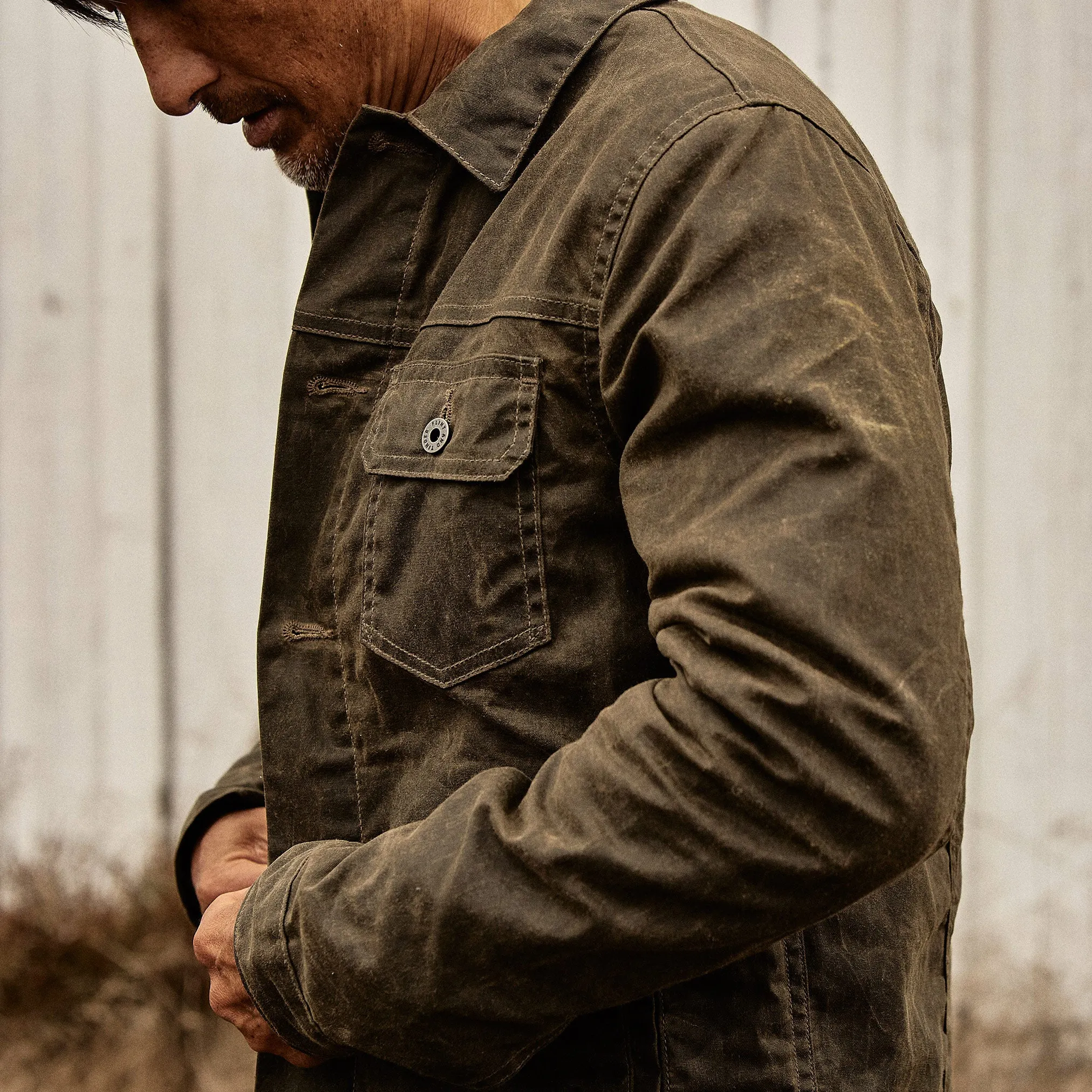 Flannel-Lined Waxed Trucker Jacket in Forest