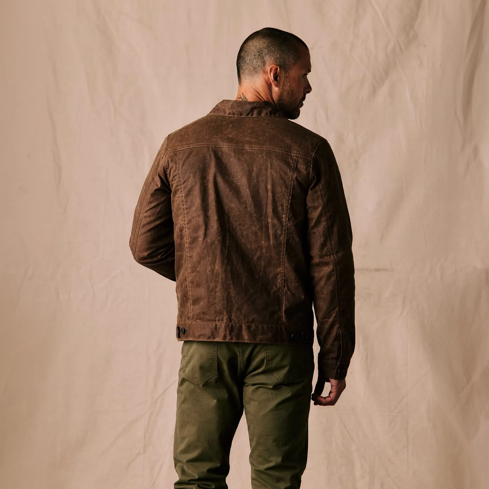 Flannel-Lined Waxed Trucker Jacket in Havana