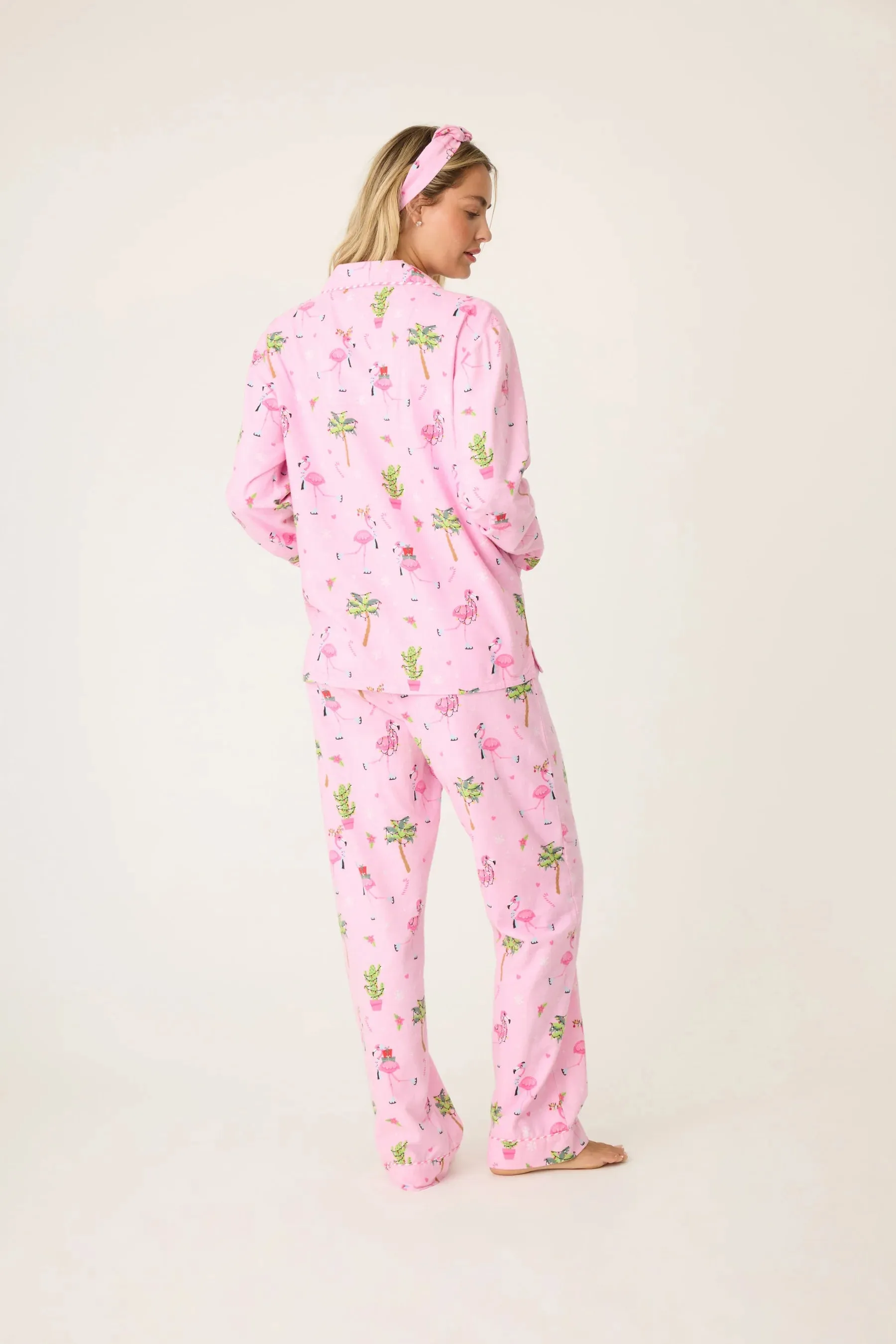 Flannel Long PJ Set w/ Headband in Pink Flamingos