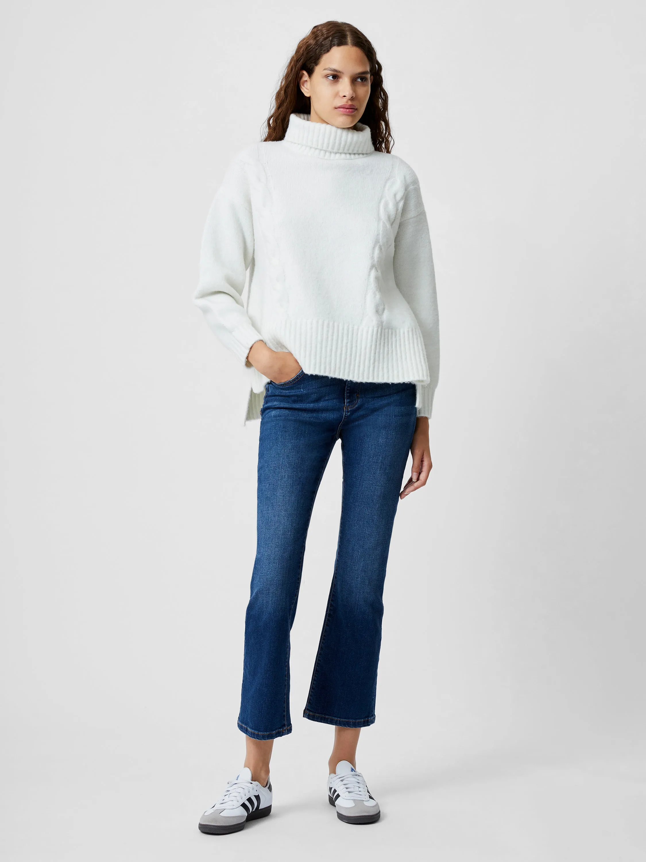 Funnel Neck Stepped Hem Cable Knit Jumper