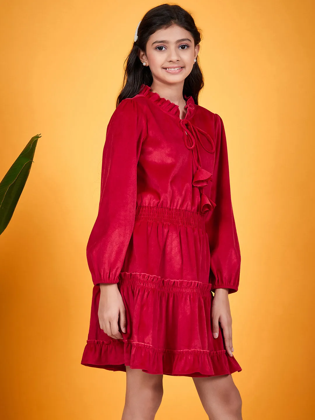 Girls Tie-Up Neck Puff Sleeves Gathered Velvet Fit Flare Dress - Ps Peaches