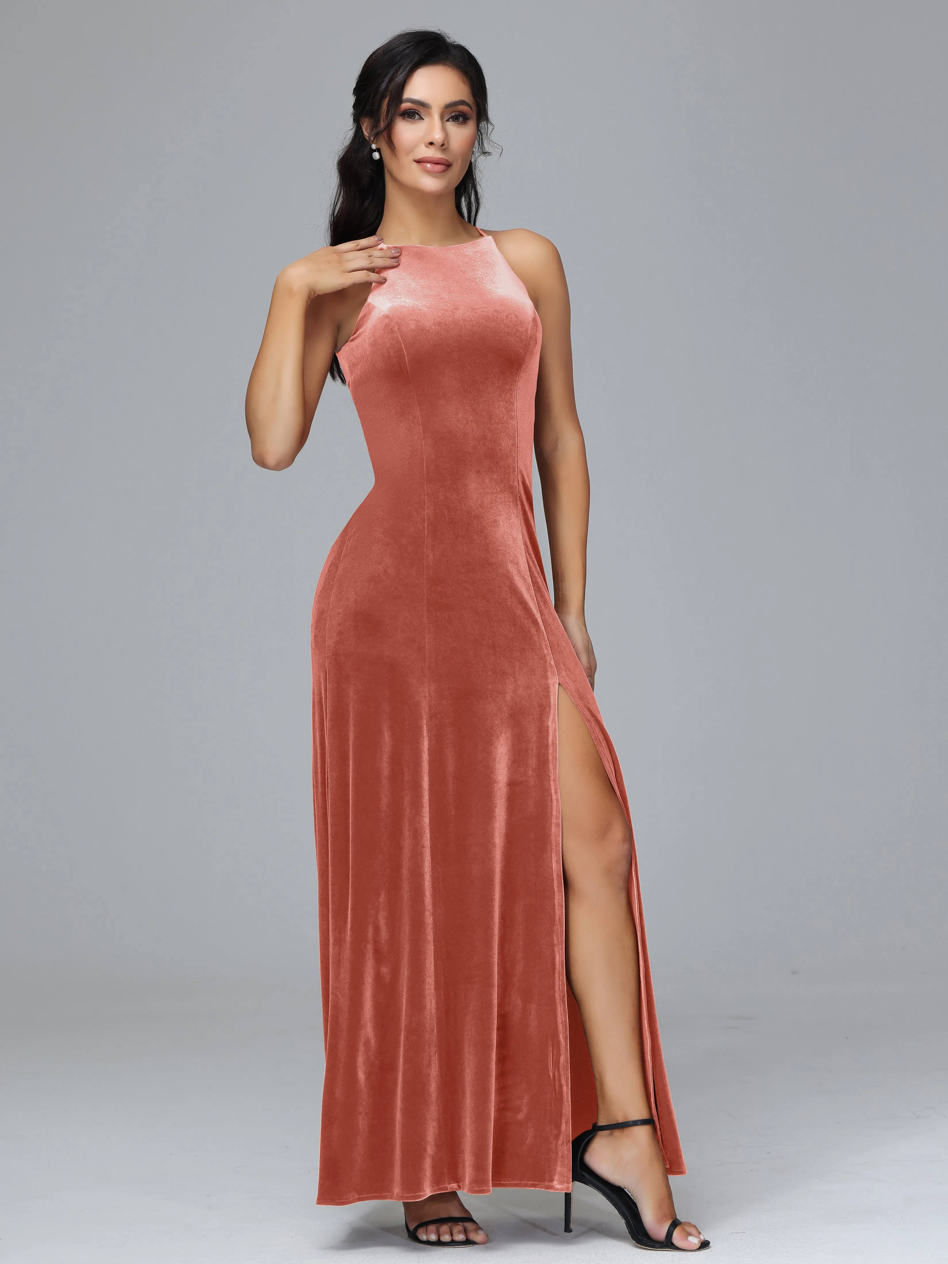 Halter Sleeveless Velvet Plus Size Bridesmaid Dresses With Split