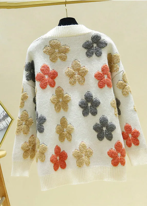 Italian Beige V Neck Embroideried Floral Cozy Knit Cardigans Fall