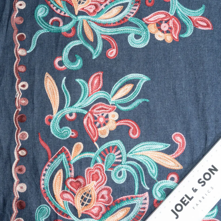 Multi-Coloured Floral Embroidered Blue Cotton Denim