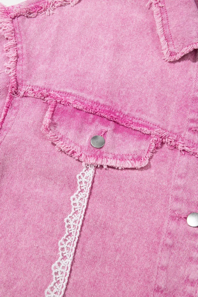 Pink Distressed Lace Denim Jacket