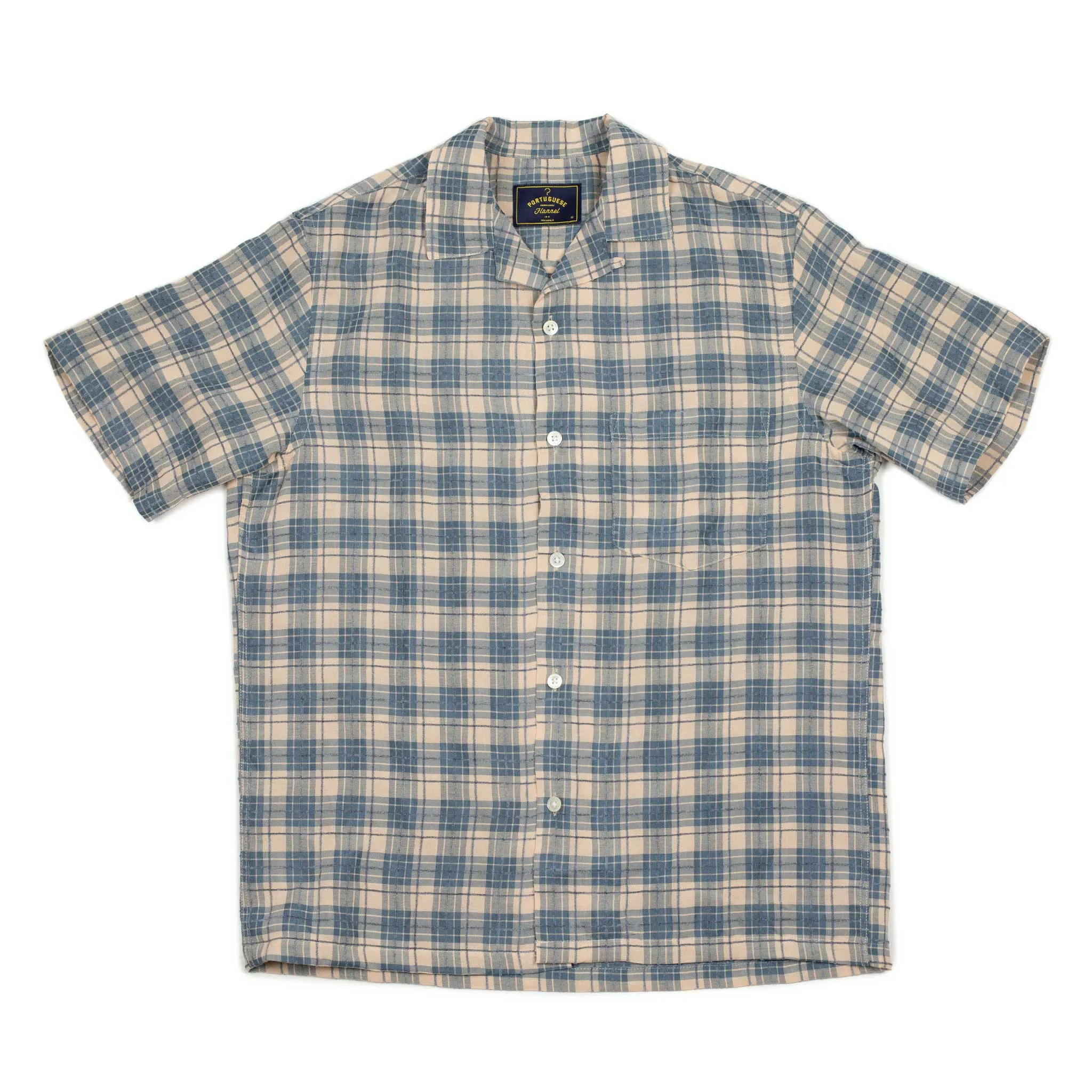 Trail camp collar shirt in country blue and  cream plaid jacquard