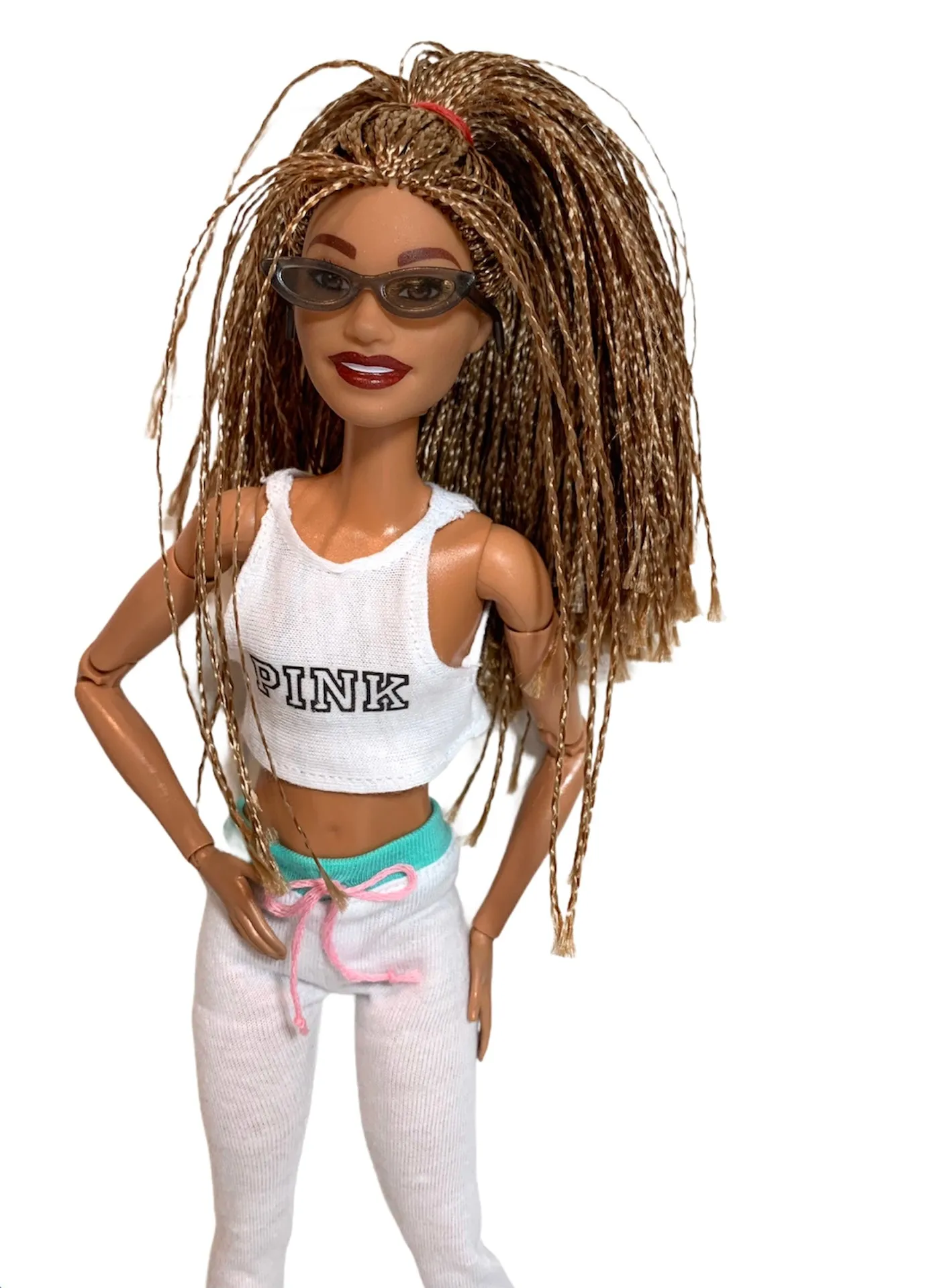 White crop top for Barbie dolls with “PINK” logo