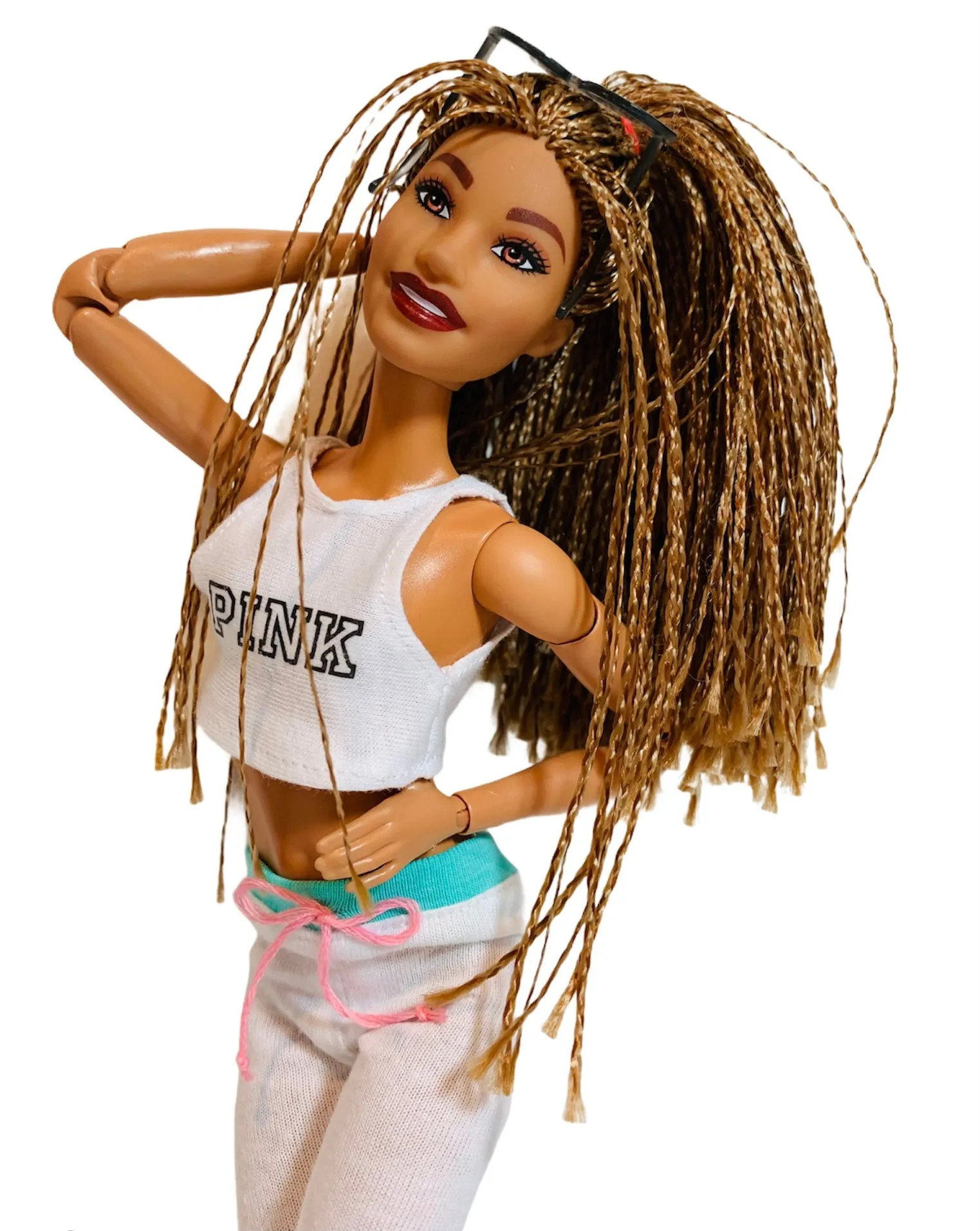 White crop top for Barbie dolls with “PINK” logo