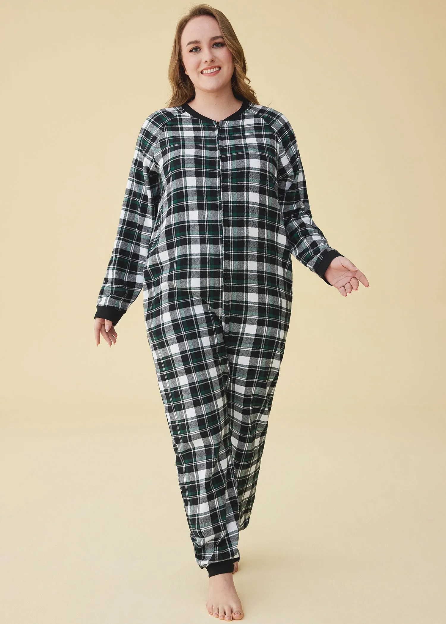 Women's Flannel Zipper Onesie Long Sleeves Pajama Jumpsuit